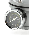 Close-up of gauge on Heavy Duty G1/4 Air Pressure Control Valve Made From Aluminum Alloy, built to last pressure regulator for pneumatic systems.