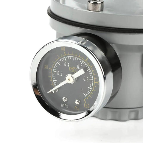 Close-up of gauge on Heavy Duty G1/4 Air Pressure Control Valve Made From Aluminum Alloy, built to last pressure regulator for pneumatic systems.