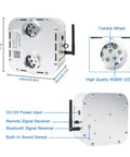 Ultra Bright 32W Dual Color RGBW Twinkle Light Engine Kit with Remote App Control, showing dimensions and details.