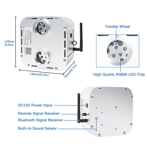Ultra Bright 32W Dual Color RGBW Twinkle Light Engine Kit with Remote App Control, showing dimensions and details.