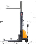 Aequanta Semi Electric Pallet Stacker With 3300 Lbs Capacity And 118 Inch Max Lift Height side profile showing dimensions and features.