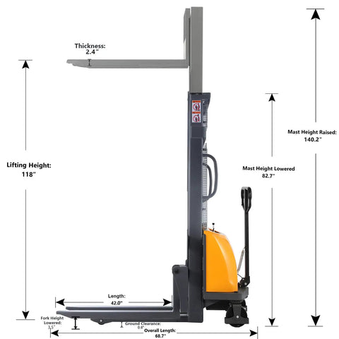 Aequanta Semi Electric Pallet Stacker With 3300 Lbs Capacity And 118 Inch Max Lift Height side profile showing dimensions and features.