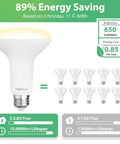 12 Pack Br30 LED Recessed Light Bulbs Dimmable Can Lights Soft White 2700K 650 Lumens E26 with energy savings info.