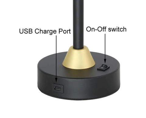 Mid Century Modern Table Lamp With USB Port And Fabric Shade In Black And Gold Bedside Lamps For Your Desk Living Room Or Home Office Setup 2 Pack Industrial Style Lighting, showing USB port and switch on lamp base