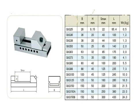 Beefy And Rugged Milling Vise Set For Metalworking And Woodworking QKG38 Type Precision Bench Vise dimensions and specifications chart