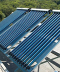 Side view of solar thermal collector array with blue vacuum tubes on a metal frame