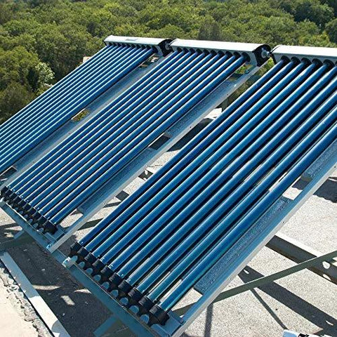 Side view of solar thermal collector array with blue vacuum tubes on a metal frame