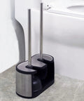 Heavy Duty Stainless Steel Toilet Bowl Brush And Plunger Set With Freestanding Bathroom Canister Killer 2 In 1 Space Saving Cleaner Setup next to a toilet.
