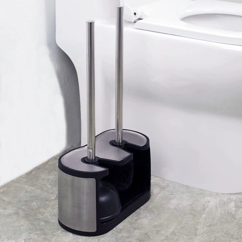 Heavy Duty Stainless Steel Toilet Bowl Brush And Plunger Set With Freestanding Bathroom Canister Killer 2 In 1 Space Saving Cleaner Setup next to a toilet.