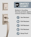 Front Entry Handleset With Interior Lever And SmartKey Rekey Technology, Microban Protection, Satin Nickel Finish, security features shown.