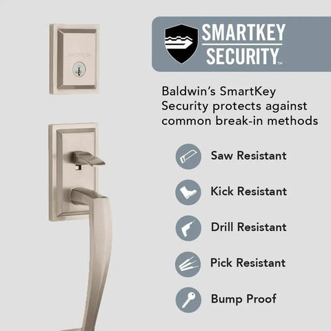 Front Entry Handleset With Interior Lever And SmartKey Rekey Technology, Microban Protection, Satin Nickel Finish, security features shown.