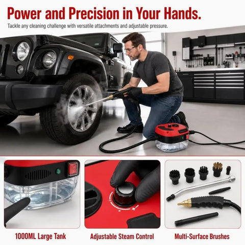 Man using 2500W Portable High Temperature Steam Cleaner Handheld for Car Detailing Furniture Kitchen Grout Floors and Tile Red