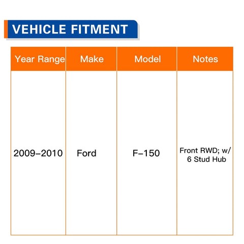 Vehicle fitment chart for Front Wheel Hub And Bearing Assembly For 2009 2010 Ford F 150 RWD With ABS Six Studs Replacement