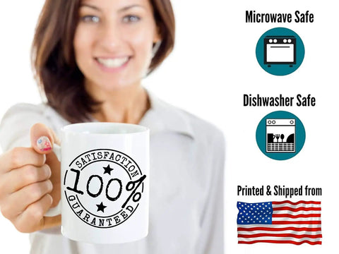 Smiling person holding Rocketry Nerd Gift Mug 15 oz white ceramic coffee cup with 'Satisfaction Guaranteed' text and USA flag graphics.