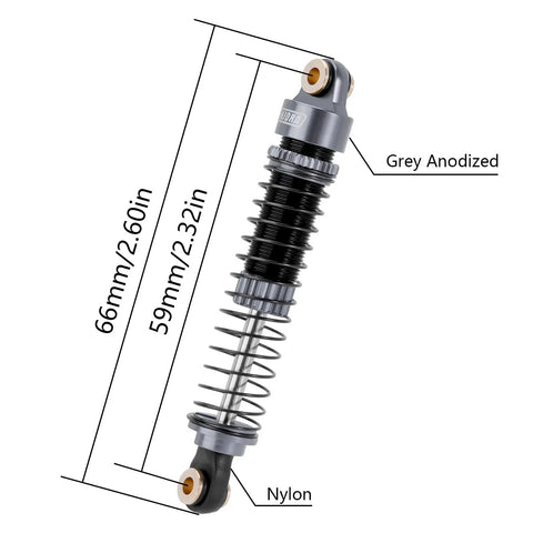 59mm Long Threaded RC Shocks Oil Dampers Upgrade For TRX4M TRX4MT 1/18 Crawler, Aluminum Bodies, Telescopic Travel, Dual Spring Rates, Grey