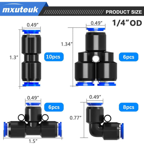 Push To Connect One Quarter Inch Air Hose Fittings Quick Connect Pneumatic Kit 30 Pieces with circular release ring details