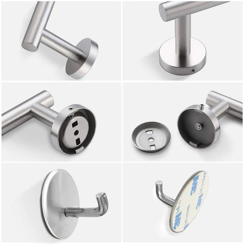 Close-up of parts from the 8 Piece Bathroom Hardware Set With 23.6 Inch Towel Racks, Hooks, Rings And Toilet Paper Holders In Brushed Nickel, Durable SUS 304 Stainless Bath Accessories For A Modern No Fuss Neat And Organized Space.