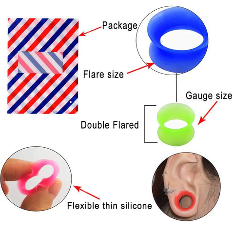 20 Piece Silicone Ear Gauge Kit From 2G To 1 Inch Tunnels Set with flexible, thin black soft plugs for safe ear stretching.