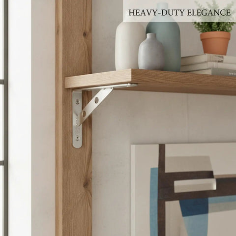 Beefy Sturdy Stainless Steel Wall Shelf Bracket With L Shape Design supporting wooden shelf, silver finish, 1 piece