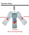 Push And Pull Force Gauge With Real Time Peak And Auto Peak Modes Digital Force Meter Supporting N Kg And Lb Units LCD Display For Tension And Compression Testing 1000N Capacity Easy Unit Conversion Handheld Precision showing correct use and range limits