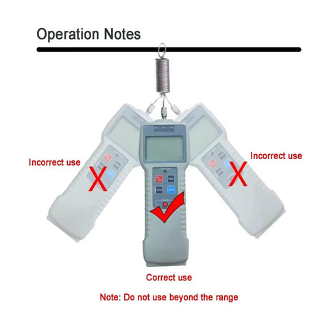 Push And Pull Force Gauge With Real Time Peak And Auto Peak Modes Digital Force Meter Supporting N Kg And Lb Units LCD Display For Tension And Compression Testing 1000N Capacity Easy Unit Conversion Handheld Precision showing correct use and range limits