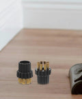 Set Of 6 Steam Cleaner Brush Heads Heavy Duty Copper And Nylon Detail Attachments on wooden floor, ready for use to clean.