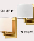 Hot Gold Brass Wall Sconces Set Of Two Drum Shade Mid Century Modern Lighting showing on and off positions