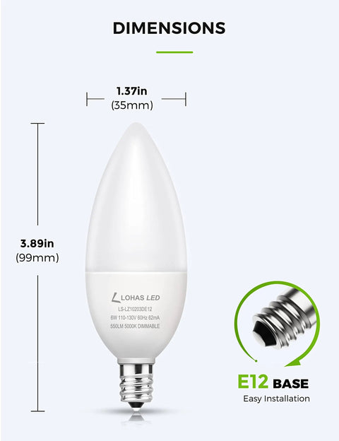Dimmable Candelabra LED Bulb, 6W 60W Equivalent, Daylight White 5000K, dimensions with E12 base, ideal for various fixtures.