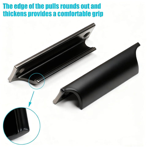 2 Pack Black Aluminum Alloy Modern Finger Pulls For Cabinets And Drawers 90mm with 76mm spacing showing rounded edge detail.