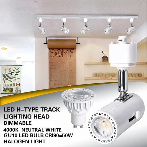 Dimmable H Track Lighting Heads With Adjustable 330 Degree Rotation And 90 Degree Tilt For Precise Accent Lighting, CRI 90 Plus LED Track Fixtures, 4000K Daylight, 120V Halo Type, White, 10 Pack in a room setting.
