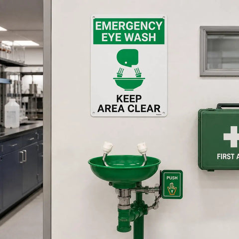 Emergency Eye Wash Sign Keep Area Clear 8x12 Inches Green and White Safety Sign With Pre Drilled Holes next to eyewash station
