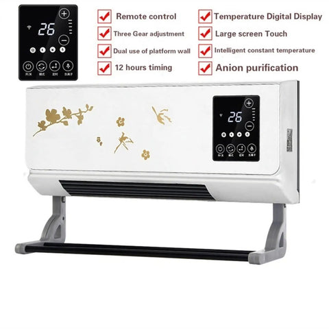 Crush The Winter Chill 2000W Wall Mounted Space Heater Air Conditioner Fan With Remote Timer, Quiet Electric Heater For Showers And Bedrooms Delivering Smooth Fast Toasty Heat with digital display and gold floral design.