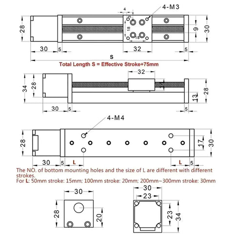Precision XYZ Axis Linear Guide Rail Motorized Stage With Auto-Lock Feature And Smooth Stepper Drive Kit For 300mm Sliding Table Setup technical drawing
