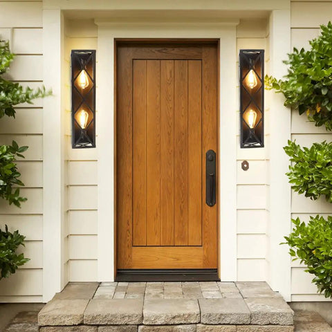 Front door with 2-light industrial vanity lighting fixtures vintage brown metal farmhouse wall sconces for bathroom, mirror, living room, hallway