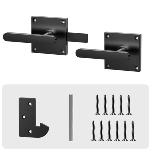 Tough As Nails Double Sided Gate Latch For Left Inswing Wooden Fences Rustproof Aluminum Body With Smooth Powder Coat Finish installation hardware set with black handles, brackets, and screws