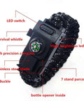 Tactical Wrist Compass Bracelet With Built In Led Light And Whistle Buckle for camping, highlighting compass and paracord features