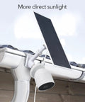 Gutter Mount For Nest Cam Battery And Solar Panel, Two In One Outdoor Mount Bracket installed on gutter, capturing direct sunlight.