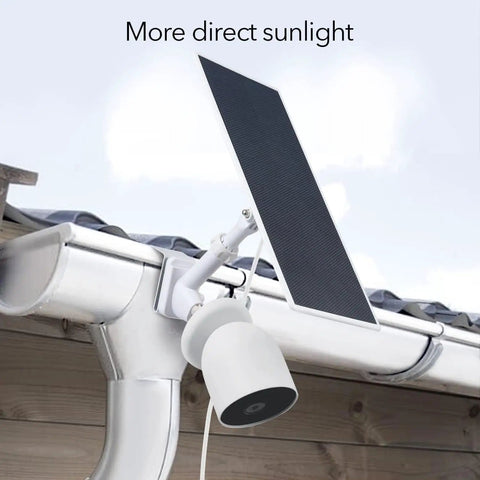Gutter Mount For Nest Cam Battery And Solar Panel, Two In One Outdoor Mount Bracket installed on gutter, capturing direct sunlight.