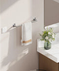 Modern Brushed Nickel 5 Piece Bath Accessory Set with 18 Inch Towel Bar in SUS304 Stainless Steel above bathroom countertop