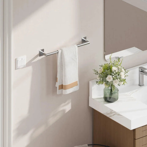 Modern Brushed Nickel 5 Piece Bath Accessory Set with 18 Inch Towel Bar in SUS304 Stainless Steel above bathroom countertop