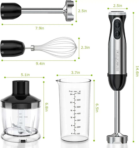 Four In One Stainless Steel Immersion Blender With 20 Variable Speeds And Turbo Boost, components including whisk and chopper.