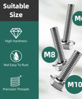 Metric Flange Bolt Kit 830pc Stainless Steel 304 M6 M8 M10 bolts highlighted with durability icons