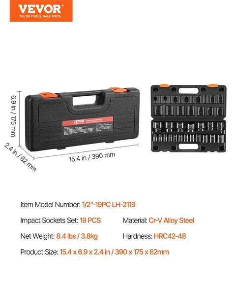 Carrying case for One Half Inch Drive 19-Piece Impact Socket Set Tough As Nails Heavy Duty Alloy Steel SAE Range