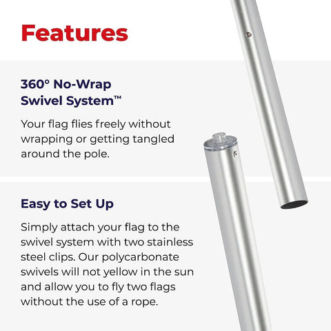 Features of Defender Inground Flag Pole Kit Built Tough For Outdoors With Winds Up To 130 MPH including 360° No-Wrap Swivel System