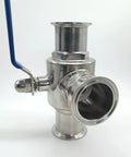 Front view of Geife 2-inch Tri Clamp sanitary 3-way ball valve with blue handle, stainless steel 304 body
