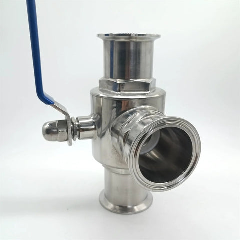 Front view of Geife 2-inch Tri Clamp sanitary 3-way ball valve with blue handle, stainless steel 304 body