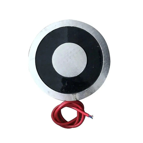 Heavy Duty 24V Electric Magnetic Lifter Cylindrical Suction Plate 14000KG Capacity with red wiring for industrial use.