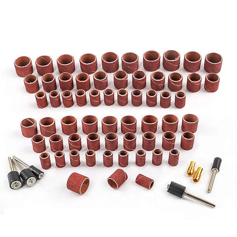 All In One Rotary Sanding Drum Kit With 432 Sanding Sleeves, 24 Mandrels, And 2 Self Tightening Drill Chucks displayed.