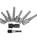 11 Piece Socket Adapter Kit With Hex Shank Square Head And Self Locking Design For Air Screwdriver Electric Drill Made From Durable Chrome Vanadium Steel For Heavy Duty Jobs That Really Pop In The Toolbox, set on white