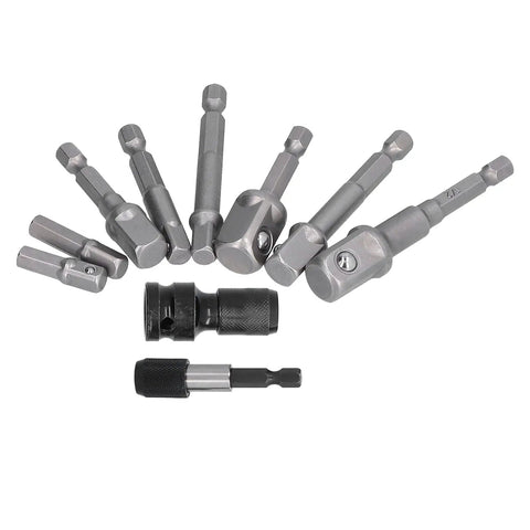 11 Piece Socket Adapter Kit With Hex Shank Square Head And Self Locking Design For Air Screwdriver Electric Drill Made From Durable Chrome Vanadium Steel For Heavy Duty Jobs That Really Pop In The Toolbox, set on white